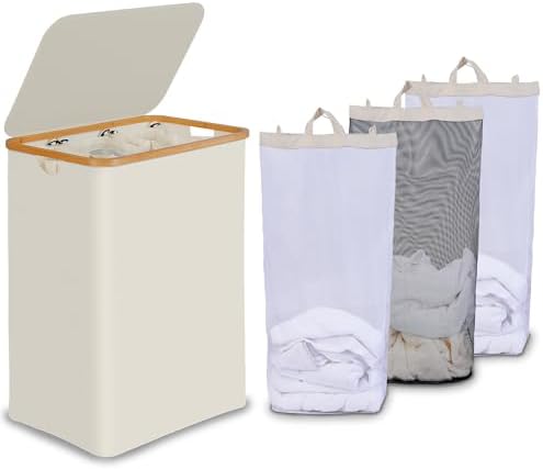 efluky Laundry Hamper 3 Section with lid and 3 Removable Bags, Beige by efluky