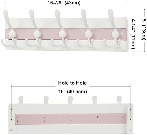 SKOLOO Coastal Wall Mounted Coat Rack - 16-7/8" Beach House Entryway Wooden Coat Hook with 5 Hooks for Hanging Coats, Hats or Towels, Oceanfront Cottage Core Collection, White & Palm Beach Pink - Image 6