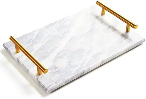 Genuine Marble Tray Bathroom Tray with Golden Handle, Natural Stone Decorative Tray with Metal Handle for Bathroom Kitchen Vanity Dresser Nightstand Desk, 11.8" x 7.9" Gray Color by Moreast