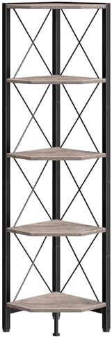 CHOEZON 5-Tier Corner Shelf, Corner Bookcase, 55.2" Tall Vertical Display Rack, Plant Stand, Open Storage Shelf, for Living Room, Bedroom, Study, Kitchen, Greige and Black TCJ12BG - Image 6