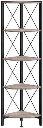 CHOEZON 5-Tier Corner Shelf, Corner Bookcase, 55.2" Tall Vertical Display Rack, Plant Stand, Open Storage Shelf, for Living Room, Bedroom, Study, Kitchen, Greige and Black TCJ12BG - Image 6