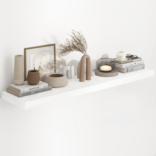 Fun Memories 48 Inch Floating Shelves in White, 9.3 Inch Deep Wall Shelves for Bathroom, Living Room, Bedroom, Kitchen, Deep Long Shelf Wall Mounted 1 Pack Shelf for Books, Decor by FunMemories