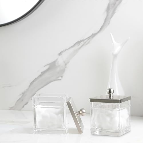 Glass Cotton Jar Holder 2 Pack– Satin Nickel Lid, Elegant Bathroom Storage Canister for Qtips, Cotton Balls, Floss, Makeup Organizer, Vanity & Bathroom Organization - Image 7