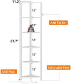 Furnulem 6 Tier Corner Shelf with LED Light, 67.5" White Narrow Bookshelf - Image 2
