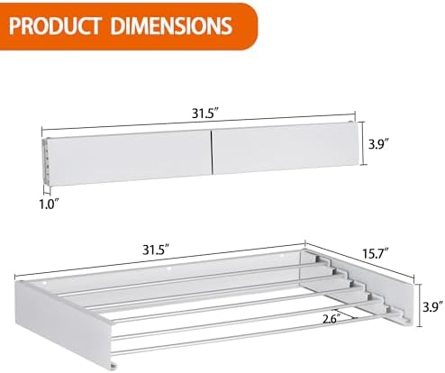 FOCHIER F Laundry Drying Rack Wall Mounted Clothes Drying Rack Collapsible with 5 Aluminum Rods and Drilling Template Long Screwdriver Bit 60 lbs Capacity (White, 31.5") - Image 5