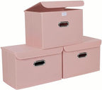 STOREONE Fabric Storage Cube Bins Foldable Organizer Container Collapsible Basket with Lids and Metal Handles, for Home, Bedroom, Closet 3 Pcs (multicolour-pink) by STOREONE