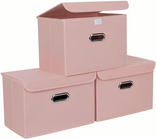 STOREONE Fabric Storage Cube Bins Foldable Organizer Container Collapsible Basket with Lids and Metal Handles, for Home, Bedroom, Closet 3 Pcs (multicolour-pink) by STOREONE