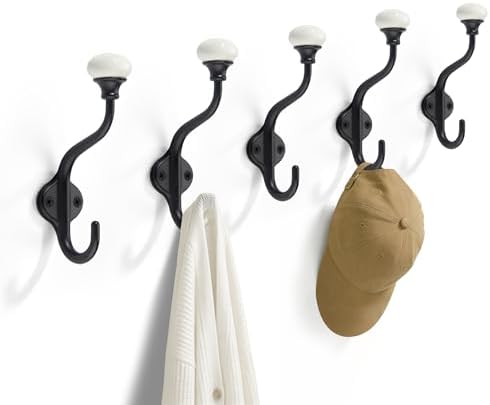 TUNNY Coat Hooks - 5 Pack Matte Black Towel Hooks Robe Hooks Decorative Wall Hooks for Bathroom Bedroom Kitchen Towel Robe Clothes Cabinet Closet Bathroom Hardware by TUNNY