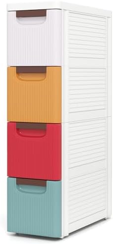 Giantex 4 Drawers Storage Cart, Narrow Plastic Dresser, Rolling Organizer Cart for Office Classroom Bedroom Bathroom Art Craft Supplies, Mobile Slim Utility Cart on Wheels, Multicolor by Giantex