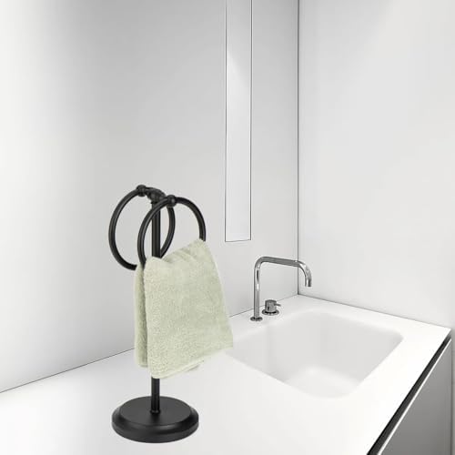 J&V TEXTILES Steel Towel Rack Holder Stand with 2 Hanging Rings for Bathroom Vanity Countertops - Space Saving Hand Towel Holder (Matte Black) - Image 4