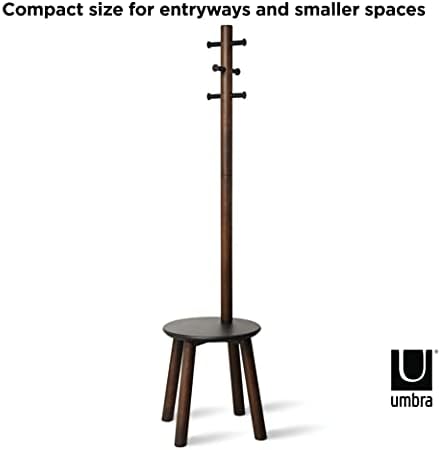 Umbra Pillar Coat Rack with Stool, Freestanding 6 Hooks, Black/Walnut - Image 6