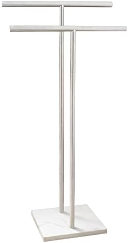 40 Inch Standing Towel Rack Double-T Shape Tall Bath Towel Sheet Holder with Marble Design Base for Bathroom Floor Next to Tub or Shower 2 Tier Towel Holder Stand Stainless Steel Brushed Nickel by EADOT