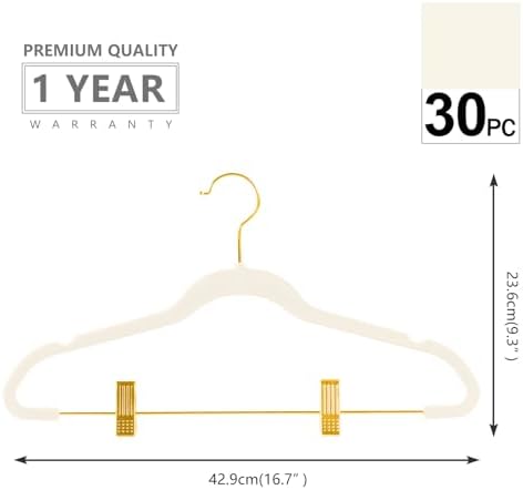MIZGI Premium Velvet Pants Hangers with Adjustable Clips (Pack of 30) Slim Skirt Hangers- Non Slip Felt Outfit Dress Hangers Ivory - Gold Hooks,Space Saving Shirt Clothes Hangers - Image 2