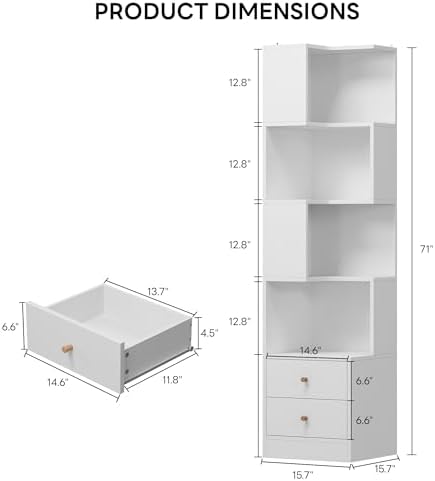 IRONCK Corner Bookshelf, 70.87" Tall Corner Bookcase with Drawers, White - Image 2