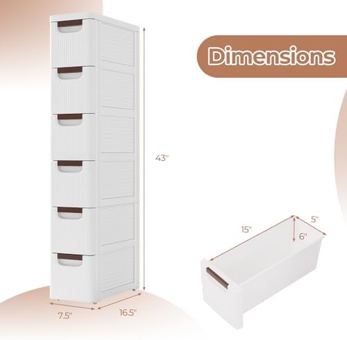 Giantex 6 Drawers Storage Cart, Narrow Plastic Dresser, Rolling Organizer Cart for Office Classroom Bedroom Bathroom Art Craft Supplies, Mobile Slim Utility Cart on Wheels (7.5"x16.5"x43") - Image 3