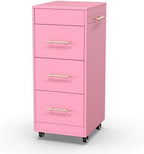 Salon Trolley Cart with Wheels, 3-Drawer Rolling Hair Styling Station, Mobile Beauty Trolley with Hot Tools Holder, Storage for Salon, Barbershop, Spa & Tattoo, Pink by OmySalon