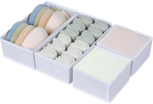 DIMJ Drawer Organiser System, Drawer Organiser, Foldable Storage Box, Fabric, Drawer Inserts for Wardrobes, Wardrobe Organiser for Trousers, Clothes, Set of 4, White by DiMJ