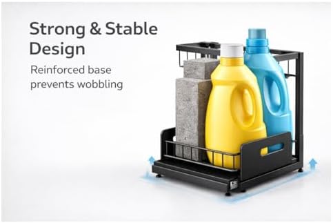 Under Sink Organizer 2 Tier Sliding Storage Rack – Carbon Steel Pull Out Cabinet Shelf for Kitchen & Bathroom, Heavy Duty Metal Under Cabinet Organizer. - Image 5
