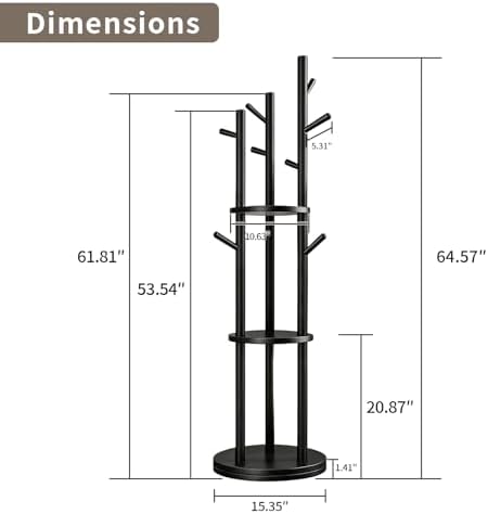 Solid Wood Rotary Coat Rack, Coat Rack Freestanding with 3 Storage Shelves & 9 hooks, Coat Tree for Entryway, Livingroom, Bedroom, Coat Hanger Stand for Coats, Scarves, Handbags, Hat (Black) - Image 7