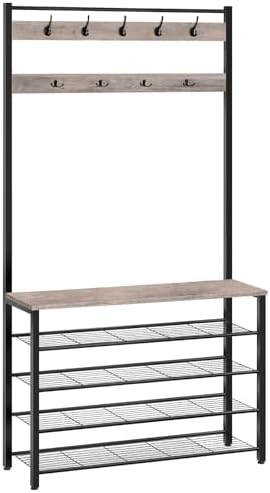 HOOBRO Hall Tree, Coat Rack with Shoe Rack, 39.4" Hall Tree with Bench, 5 Tier Shoe Storage Organizer with 9 Hooks for Entryway, Closet, Sturdy, Industrial, Greige and Black BG801MT01 by HOOBRO