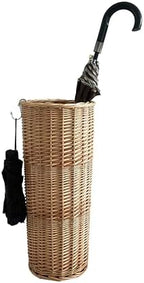 Natural Rattan Umbrella Stand for Entryway, 21.2H x 9.4L x 9.4W, Detachable Drip Tray & 2 Metal Hooks – Storage for Umbrellas, Canes & Walking Sticks, Stylish Home Decor by Unknown