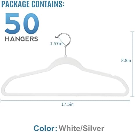 TIMMY 50 Pack Velvet Clothes Hangers, 17.7 in, White/Silver, Non-Slip - Image 2