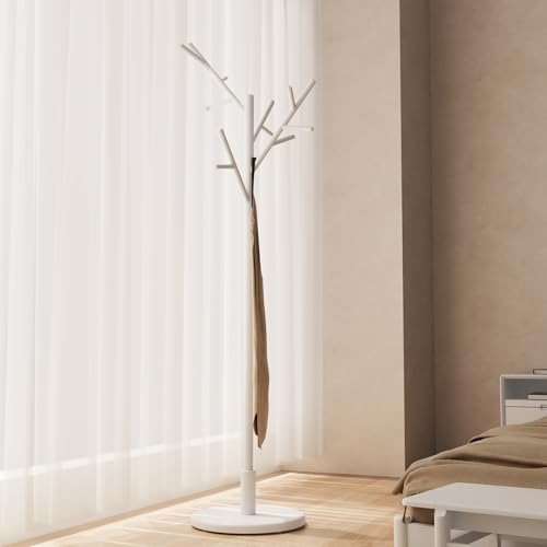 Muwuele Coat Rack, Solid Wood Coat Rack Freestanding with 12 Hooks, Coat tree freestanding 3 Adjustable Heights for coat, Hats, Handbags，Coat Stand for Entryway,Bedroom (White) by Muwuele