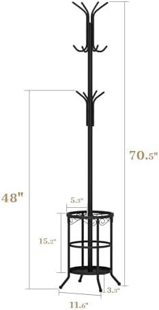 Coat Rack Freestanding with Umbrella Holder – Metal Hanger Stand, Hall Tree with 12 Hooks, Entryway Organizer for Hats, Bags, and Clothes (Black) - Image 2