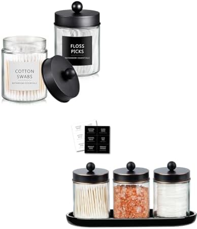 SheeChung Qtip Dispenser Holder, Glass apothecary jars with Acrylic Vanity Tray, Countertop Canister Guest Bathroom Essentials Storage Organizer for Cotton Swabs/Balls, Floss Picks by SheeChung