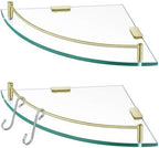 KES Glass Corner Shelf with Hooks 18/8 Stainless Steel, Tempered Glass Bathroom Corner Shelf with Rail, Shower Glass Shelf 2 Pack Wall Mounted, Brushed Gold, BGS2101A-BZ-P2 by KES