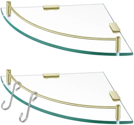 KES Glass Corner Shelf with Hooks 18/8 Stainless Steel, Tempered Glass Bathroom Corner Shelf with Rail, Shower Glass Shelf 2 Pack Wall Mounted, Brushed Gold, BGS2101A-BZ-P2 by KES