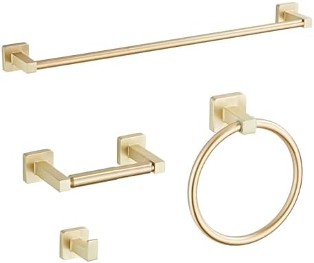 Brusehd Light Gold Bathroom Hardware Set 4 Pieces,Bathroom Accessories Set Stainless Steel Wall Mounted, Hand Towel Bar, Towel Ring, Robe Towel Hooks,Toilet Paper Holder,Towel Bar Set, 23.6 Inch… by bluebyrne