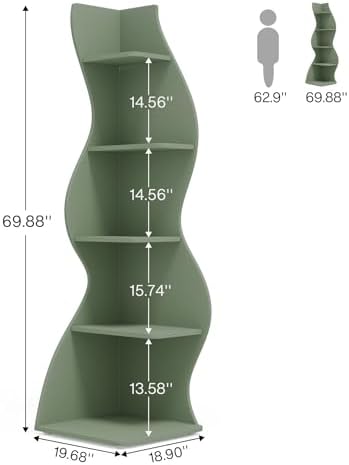 Tribesigns Corner Shelf, Modern 5-Tier Wall Corner Bookshelf, Stylish Corner Small Bookcase Storage Rack Plant Stand with Unique Shape for Living Room, Home Office (Sage Green, 2PCS) - Image 3