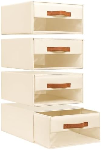 DIMJ Closet Organizers and Storage - Fabric Bins with Drawers for Closet Foldable Clothes Organizers with Clear Window, Stackable Storage Drawers for Bedroom, Living Room, 4-Pack, Beige by DiMJ