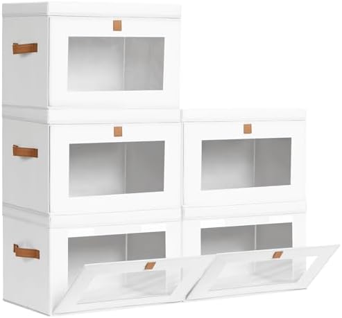 Homsorout Large Closet Storage Bins - Collapsible Clothes Organizer with Handles & Window, Decorative Boxes with Lids, Linen Closet Organizers for Living Room, Dorm, 5 Pack, White by Homsorout