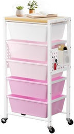 Rolling Cart with 5 Drawers, Plastic Drawer Storage Carts with Wheels & Wooden Tabletop, Metal Utility Cart with Pegboards, Office Living Room Classroom Craft Organization and Storage, Bright Pink by TimeForest