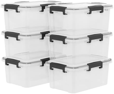 Set of 6 12 Quart Plastic Stackable Storage Bins with Gasket Seal Lids, Watertight Storage Container, Clear Latch Box Tote by Nihenok