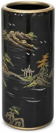 Ceramic Umbrella Stand for Entryway, Decorative Indoor Umbrella Holder with Gold Rim, Floor Vase Cane & Walking Stick Holder for Foyer Hallway Home Decor (Black Landscape) by Unknown