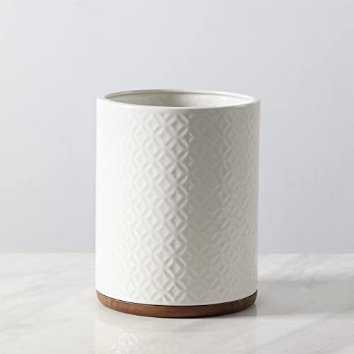 Bathroom Wastebasket - Ceramic Decorative Trash Can with Wooden Base (White and Beige)… - Image 4