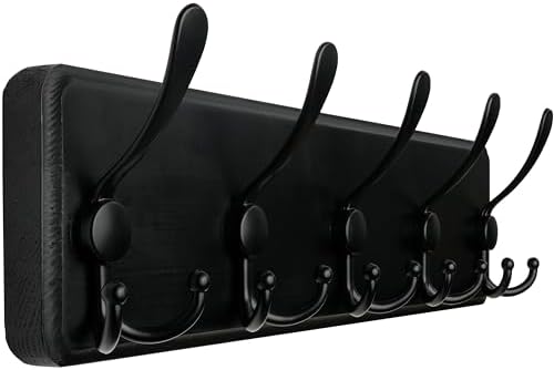 WEBI Coat Rack Wall Mount,Coat Hooks Wall Mounted Rustic,16" Hole to Hole,Large Coat Hanger Wall,Wood Hook Rack,5 Triple Hooks for Hanging Coats,Jacket,Clothes,Farmhouse,Black by WEBI