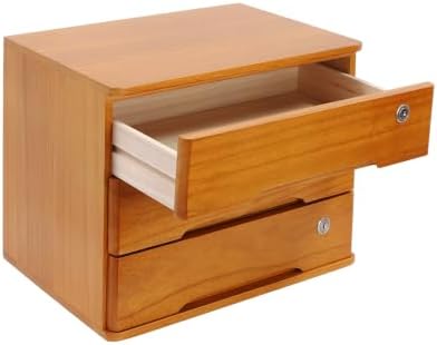 Lockable Desk Organizer Wooden Desktop Drawers Office Flat Files Storage Box Locking Countertop Storage Cabinet (Wood Yellow, 3-Tier) - Image 4