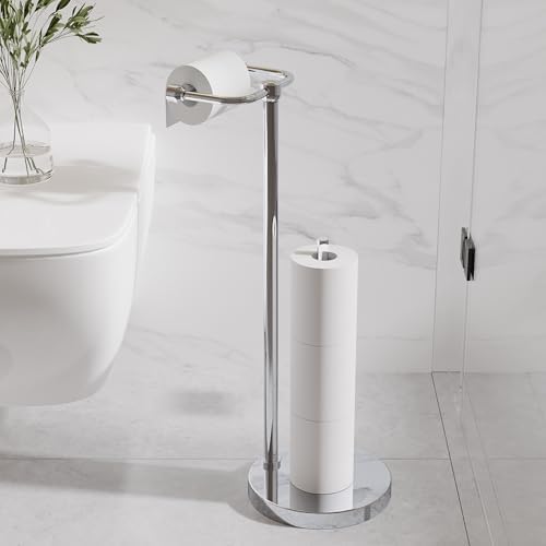 RARXTR Toilet Paper Holder Stand, Post Pivoting Design Free Standing Toilet Paper Holder with Storage for 4 Rolls, SUS304 Stainless Steel Tissue Holder with Reserve, Heavy-Duty Base (Chrome) - Image 2