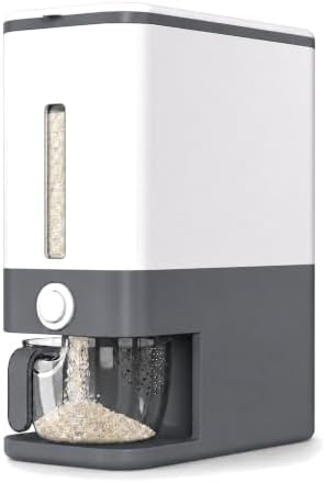 Proarea Rice Dispenser 25 Lbs, Airtight Grain Rice Storage Container with Measuring Cup, One-Touch Dry Food Dispenser for Kitchen Pantry, Clear Scale Window, Graphite Gray by Proarea