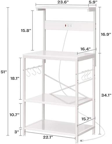 SUPERJARE Kitchen Bakers Rack with Power Outlet, Coffee Bar Table 4 Tiers, Kitchen Microwave Stand with 6 S-Shaped Hooks, Storage Shelf Rack for Spices, Pots and Pans - White - Image 7
