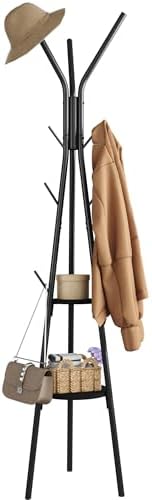 HOMEFORT Coat Rack, Coat Hanger Stand with 2 Shelves, Freestanding Hall Tree, Metal Hat Hanger with 12 Hooks for Clothes Hats and Scarves (Black) by HOMEFORT