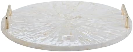 PEMAR Mother of Pearl Decorative Tray, 13" Round with Gold Metal Handles, Vanity/Perfume/Trinket Tray, Catchall for Dresser, Bathroom, Vanity Table (White Sunlight) - Image 2