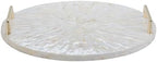 PEMAR Mother of Pearl Decorative Tray, 13" Round with Gold Metal Handles, Vanity/Perfume/Trinket Tray, Catchall for Dresser, Bathroom, Vanity Table (White Sunlight) - Image 2