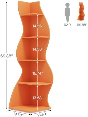 Tribesigns Corner Shelf, Modern 5-Tier Wall Corner Bookshelf, Stylish Corner Small Bookcase Storage Rack Plant Stand with Unique Shape for Living Room, Home Office (Orange, 2PCS) - Image 3