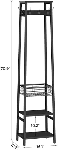 Coat Rack with Metal Basket and Storage Shelves - Image 3