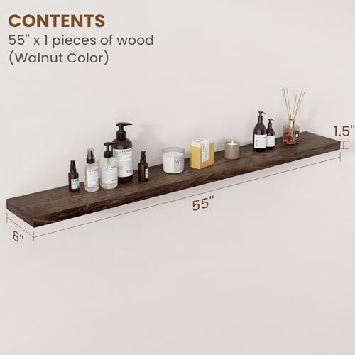 Floating Shelves for Wall Decor, 8 Inch Deep Rustic Solid Elm Wood Floating Shelves Wall Mounted, Wall Shelves with Invisible Bracket for Living Room Bathroom Bedroom Kitchen, 55 Inch Set of 1, Walnut - Image 2